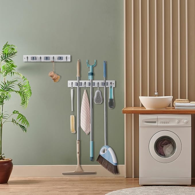 OUTNILI 2 Pack White Mop Broom Holder Wall Mount with 3 Slots & 4 Hooks - Rustic Wood Broom Mop Hanger for Pantry Kitchen Organization - Garden Tool Organizer for Closet Laundry Room - Image 3