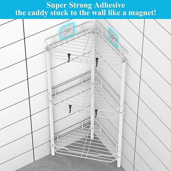 HuggieGems 3 Tier Floor Standing Corner Shower Caddy Organizer Shelf with Hooks, Bathroom Shelves Stand Rack, White - Image 2