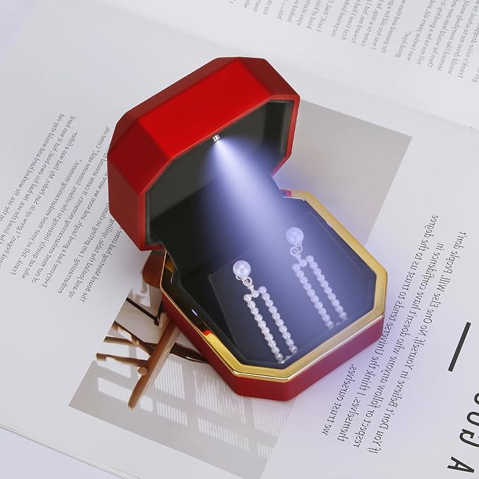Luxury LED Jewelry Earring Pendant Stud Box, Velvet Earring Necklace Gift Box Storage Case Organizer Holder for Proposal Engagement Wedding Anniversary Birthday Ceremony (Red) - Image 7