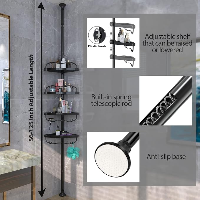 Shower Caddy,Shower Caddy Tension Pole with 4 ABS Baskets,Shower Storage Shelf with 56 to 125 Inch Adjustable Stainless Pole for Bathroom Black - Image 5