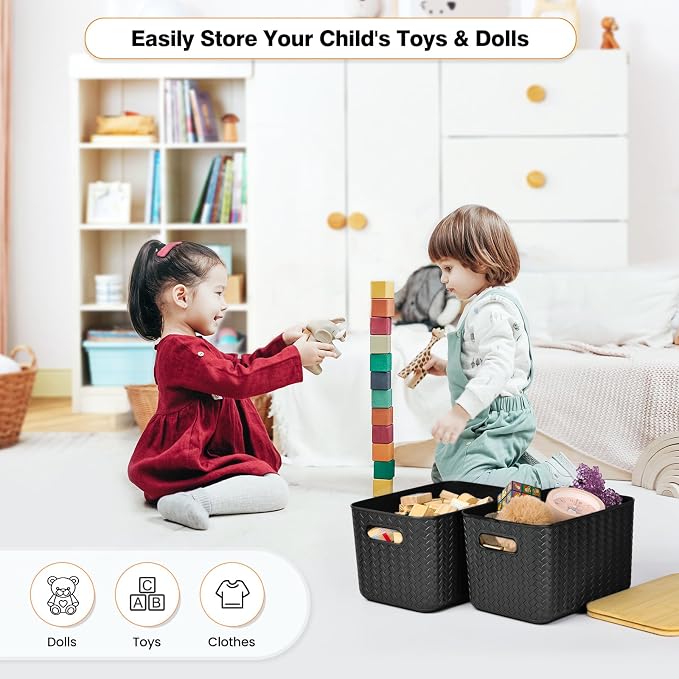 Ohmlove 4 Packs Storage Bins with Bamboo Lids - Plastic Storage Containers with Lids Stackable Storage Box: Storages Baskets for Organizing Desktop Closet Playroom Classroom Office, Black - Image 6