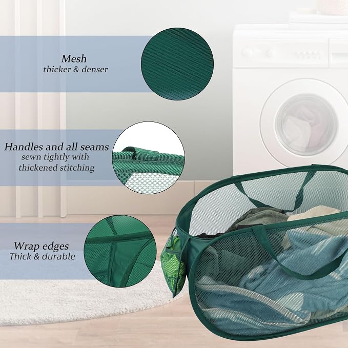 100L Foldable Laundry Baskets 2 Pack, Extra Large Mesh Pop Up Laundry Hamper, Dirty Clothes Hamper with Handles, Pop-up Hampers for Laundry Travel. Dorm or Home Portable Clothes Baskets.Green 2H - Image 4