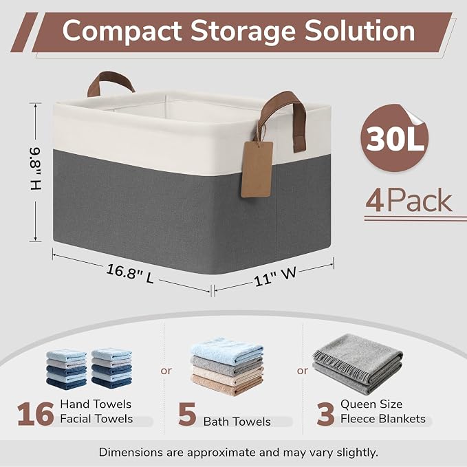 CHICVITA 4 Pack Large Storage Baskets for Shelves, Collapsible Closet Organizer Bins with Handles, Decorative Shelf Baskets for Bedroom Living Room, 16.8" x 11" x 9.8", Gray & White - Image 3