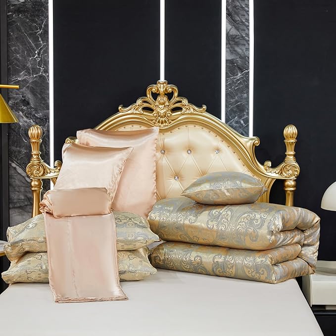Gold Comforter Set with Taupe Sheet Set Jacquard Bedding Set 8 Pcs Vintage Neoclassical Floral Elegant Bed Home Decor Soft Comforter Luxury Hotel Silky Bed in a Bag Queen with 1 Cushion Cover