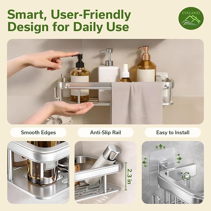 EVALAND Shower Caddy Adhesive 2-Pack with Hooks and Rod for Towels, Silver – Premium Bathroom Shower Shelves, Shampoo Organizer, Bathtub Shelf, Rustproof, Easy Installation, Sturdy Modern Look - Image 3