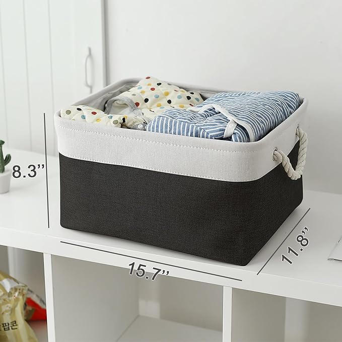 TheWarmHome Storage Basket for Organizing - Large 3 Pack 15.7x11.8x8.3 inch Collapsible Storage Bin for Shelves with Handles Laundry Cube Toy Closet Nursery (Whiet & Black) - Image 5