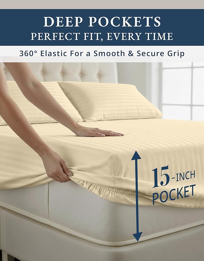 LANE LINEN Striped Sheets Set - 100% Egyptian Cotton 4 Piece Bed for Queen Size Hotel Bedding & Pillowcases 16" Deep Pocket (Fits Upto 17" Mattress) Ivory
