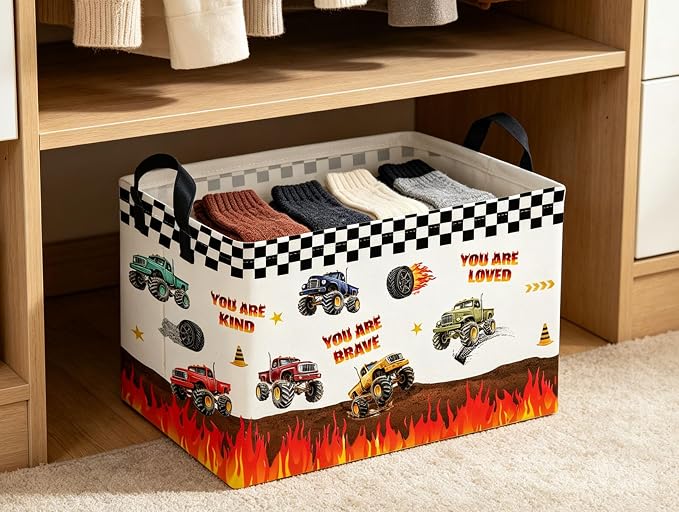 Rectangular Kids Baskets Monster Truck Basket Cute Storage Bins Organizer Box Boys Room Decor for Home.(Flame Racing) - Image 4