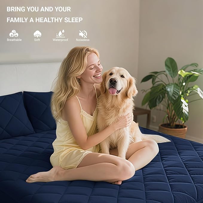 California King Mattress Protector,Waterproof Mattress Protector Fitted Up to 16" Deep Pocket, Soft Breathable Bed Mattress Cover for Bedroom,Doom Room,(Navy Blue)