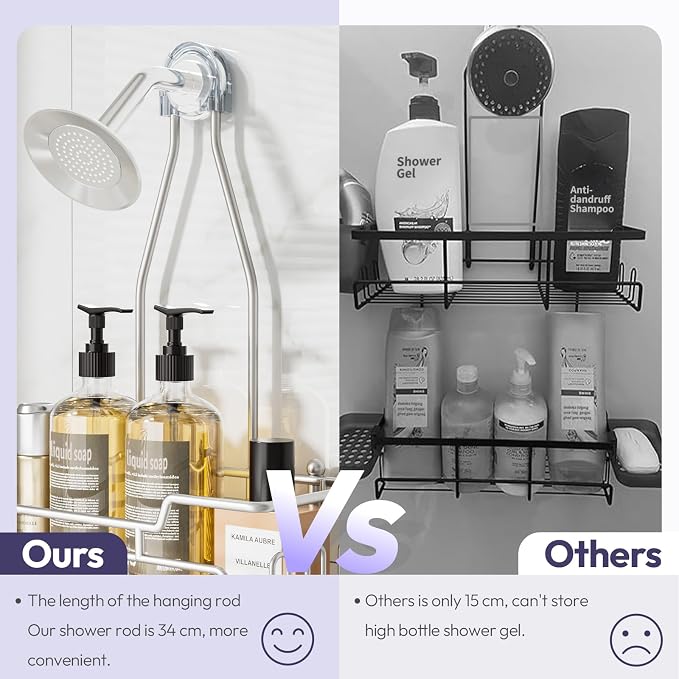 SWTYMIKI Bathroom Shower Caddy Hanging - 3 Tier Rustproof Over Shower Head Organizer, No Drilling Bathroom Shelf with 16 Hooks & Soap Holder, Anti-Swing Rack, Sand Nickel - Image 3