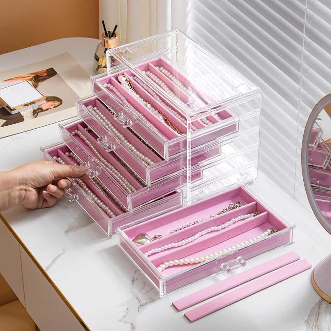 YUFONG Necklace Holder Organizer, Dustproof Necklace Box Velvet Necklace Organizer Box with Lid Clear Acrylic Dustproof Stackable Jewelry Displays for Necklaces Chain Display (Pink, 5 Drawer) - Image 2