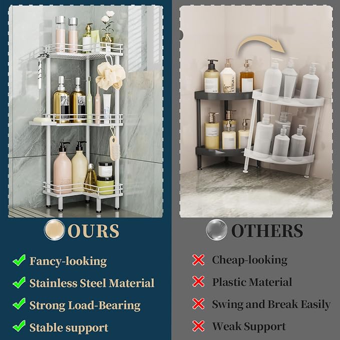 Consumest Corner Shower Caddy Standing - 3-Tier Stainless Steel Shower Organizer with Soap Holder and 4 Hooks, Large Capacity Corner Shelf Stand for Bathroom, Rest Room, White - Image 2