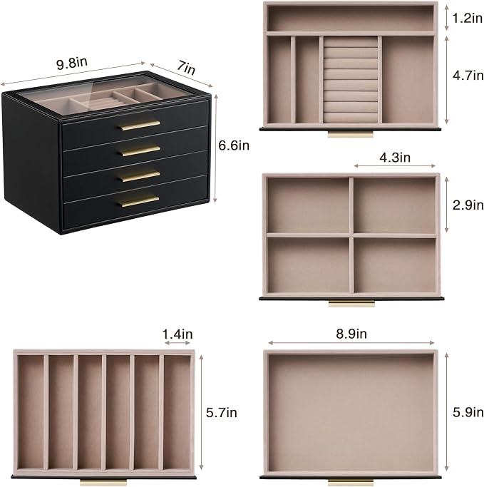pickpiff Jewelry Box Organizer Case for Women: 4-Layer Jewelry Storage Case with Glass Window, Black Leather with Blush Velvet, Holder for Ring Necklace Bracelet Brooch Watch, Great Gift for Her - Image 8