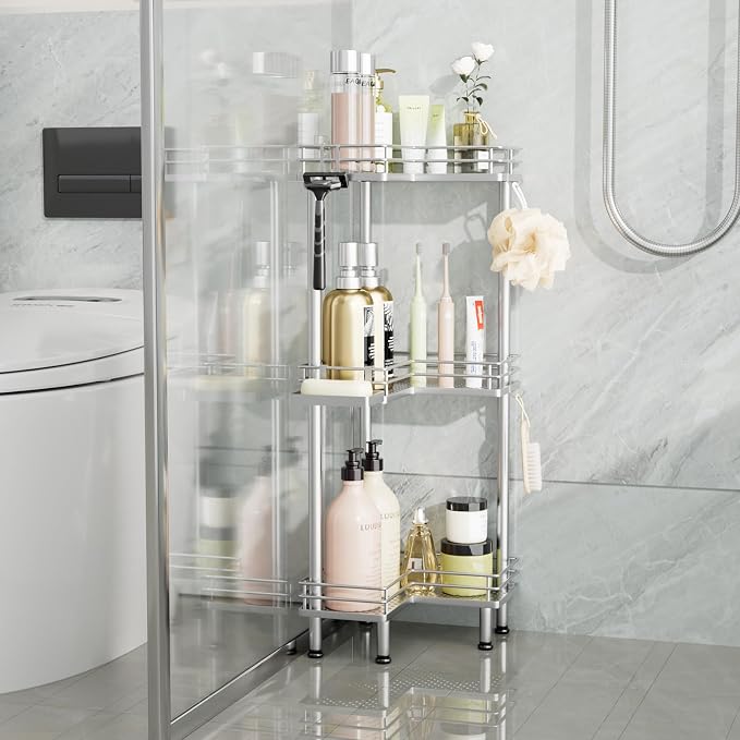 Consumest Corner Shower Caddy Standing - 3-Tier Stainless Steel Shower Organizer with Soap Holder and 4 Hooks, Large Capacity Corner Shelf Stand for Bathroom, Rest Room, Silver - Image 6