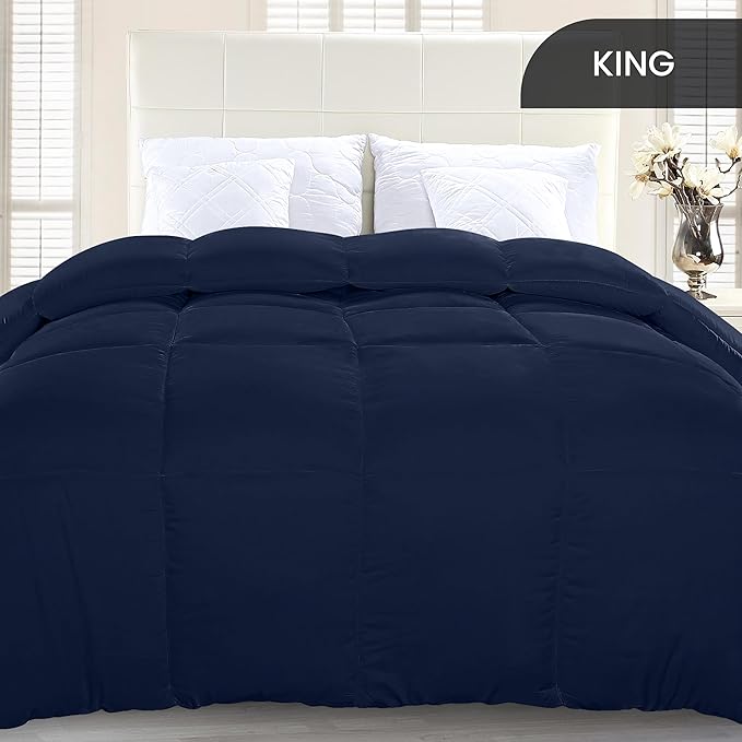 Utopia Bedding King Comforter Duvet Insert, Quilted Navy Comforter with Corner Tabs, Box Stitched Down Alternative Comforters King Size 90 x 102 inches