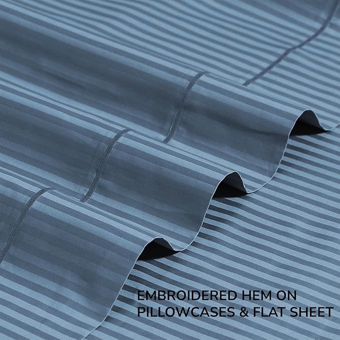 Feather & Stitch 500 TC King Size Damask Bed Sheet Set, 100% Cotton Soft Breathable Bedsheets, 4 Piece 18" Deep Pockets Sateen Weave Striped Bedding Mattress Resort Hotel Luxury Décor - (Blue Stripe)