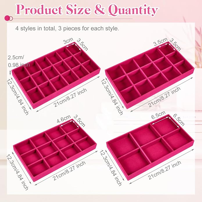 Junkin 12 Pcs Jewelry Tray Velvet Stackable Jewelry Organizer Trays Divided Earring Accessories Storage Containers Box (Rose Red) - Image 2