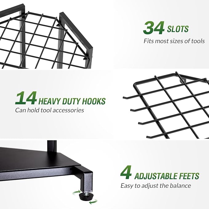 Garden Tool Organizer for Corner - Heavy Duty Metal Rack with 34 Storage Compartments & 14 Hooks for Shovels, Rakes, Long-Handled Tools, Ideal for Garden, Shed, Garage Storage - Image 3