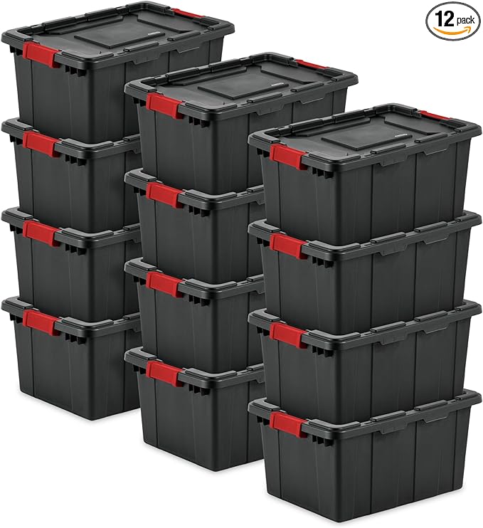 Sterilite 12-Pack Industrial Tote, Plastic Storage Bins with Lids, 15 Gallon, Black - Heavy-Duty Organizing Containers for Closet, Bathroom, and Office