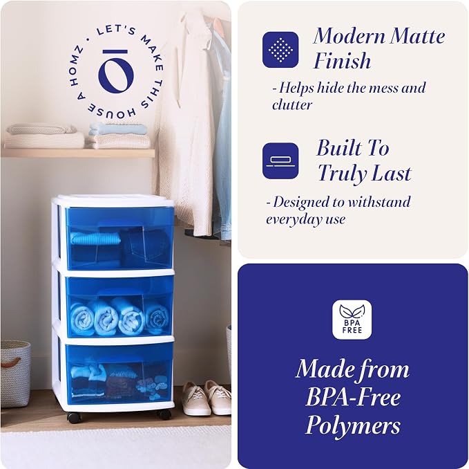 HOMZ Drawer Tower, 3-Tier Clear Blue Plastic Storage Organizer Cart, White Frame - Rolling Drawer Containers with Wheels for Bathroom, Bedroom, Office, and Classroom Organization - Image 4