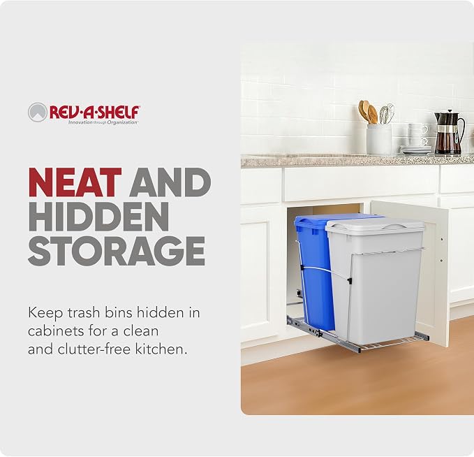 Rev-A-Shelf RV-18KD-11RC-S Double Pullout Trash Can for Kitchen Cabinets 35 Qt Garbage Recycling Bin on Full Extension Slide, Blue/White - Image 5