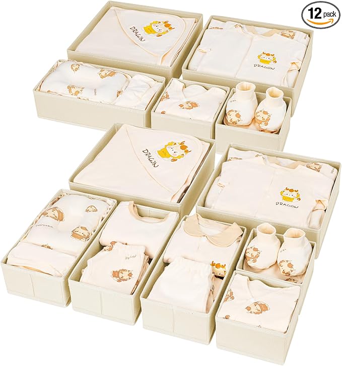 DIMJ Drawer Organizer Clothes 12 Pack - Foldable Baby Organizers and Storage & Dresser Organizer for Bedroom, Closet - Nursery Organization Dresser Dividers for underwear, Sock,Bra, Belt, Tie, Beige by DiMJ