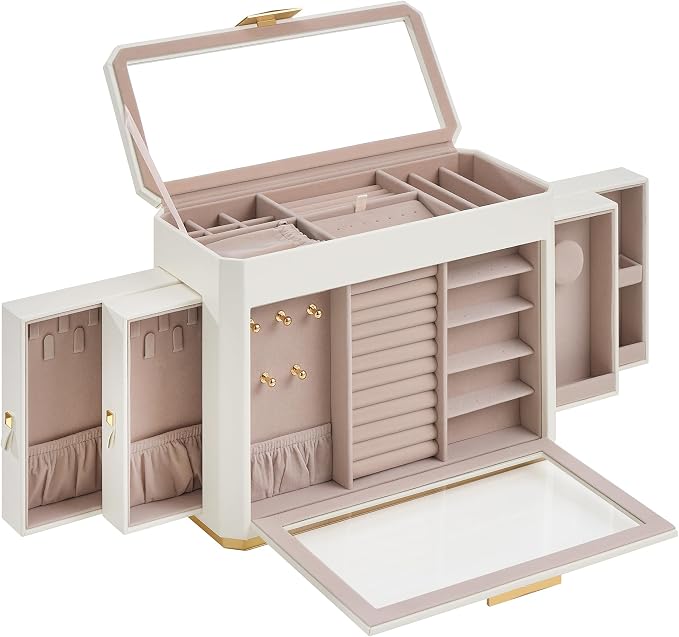 SONGMICS HOME Large Jewelry Box, Vertical Jewelry Organizer with Glass Windows, Jewelry Pouch, 4 Side Drawers, Woven Embossed PU Leather, Gift Idea, Cloud White UJBC203W01 - Image 8