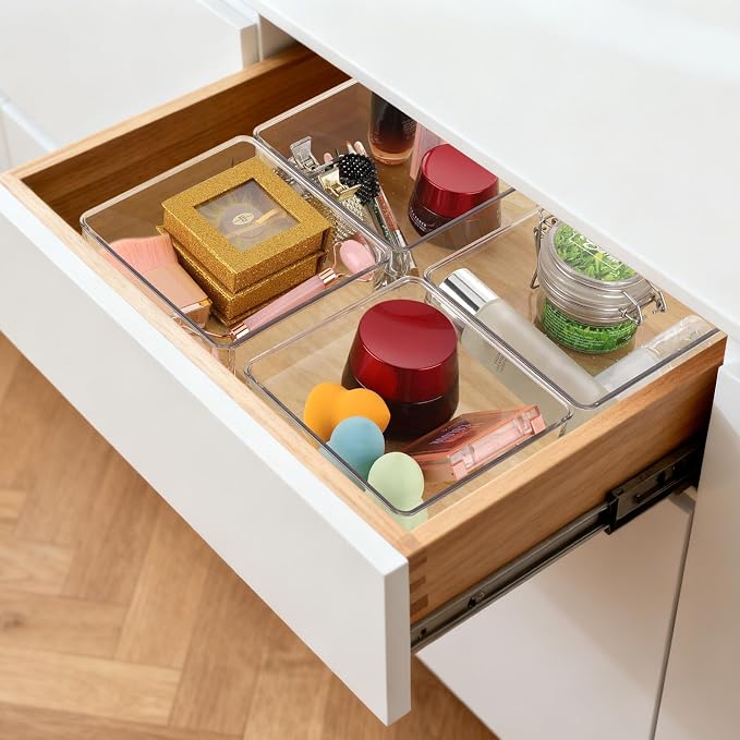 Ohlove 6 Pcs Large Clear Plastic Drawer Organizers Tray 6" x 6" Storage Bins with 25 Pcs Non-Slip Pads for Makeup, Jewelries, Kitchen Utensils, Bathroom and Office - Image 2