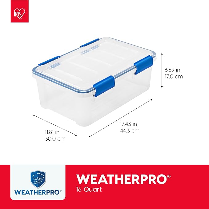 IRIS USA WeatherPro 16 Qt Storage Bins with Lids, 3 Pack, BPA-Free Plastic Gasket Box with Tight Latch and Seal, Stackable Nestable Tote Tub - Clear/Blue - Image 2
