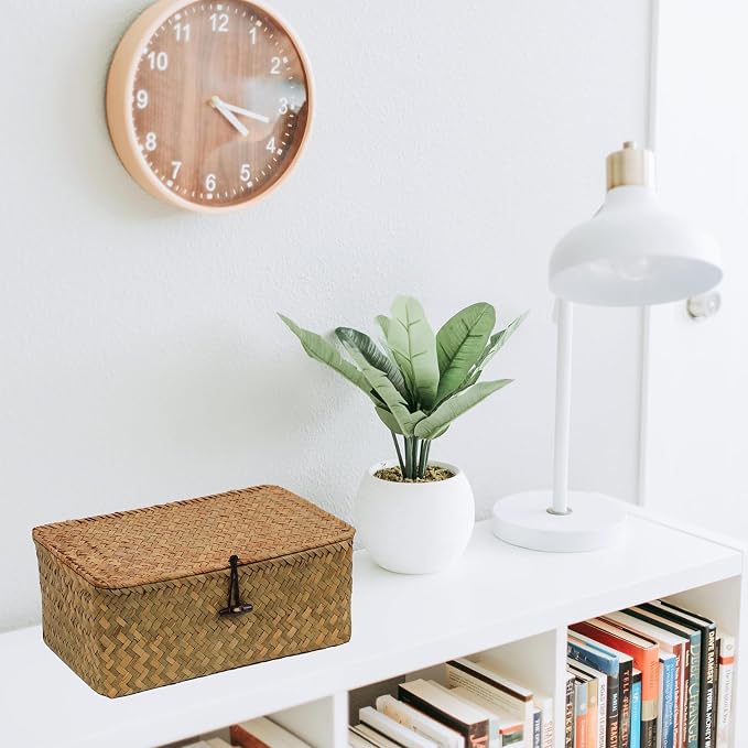 Wicker Basket with Lid, Natural Seagrass Storage Baskets for Organizing, Woven Basket for Storage, Decorative Boxes Bins with Lids Home Organizer Decor (‎Natural, Small) - Image 3