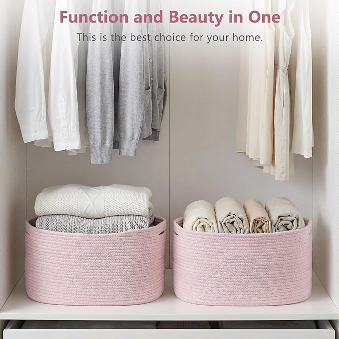 ECDYQXVU Cotton Rope Storage Basket, 15x10x9 Inches, Woven Basket for Shelves, Clothes, Towels, Books, and Laundry, Light Pink (1 Pack) - Image 7