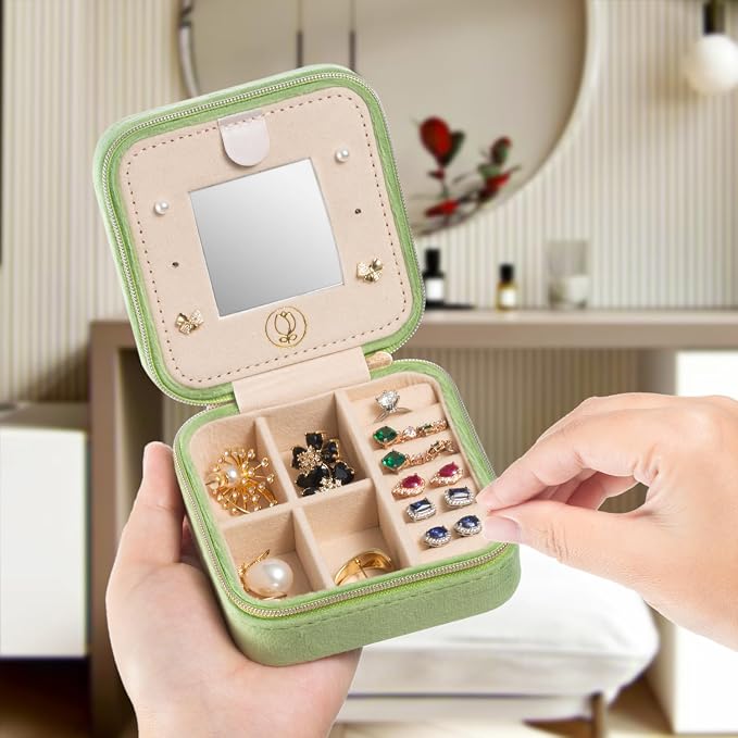 TRODANCE Plush Velvet Travel Jewelry Case Organizer, Small Travel Jewelry Box,Portable Jewelry Box Travel Mini Organizer Portable Display Storage Box For Rings Earrings Necklaces (Grass Green) - Image 2