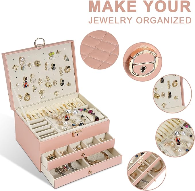 3-Layer Jewelry Box for Women, Jewelry Organizers and Storage with Removable Jewelry Tray, Vintage Quilted Top Lockable Jewelry Holder Gift Idea Pink - Image 3