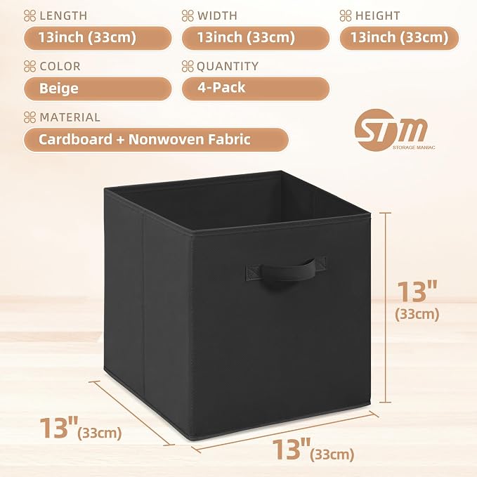STORAGE MANIAC Storage Cubes, 13 Inch Collapsible Storage Bins with Handles, 4 Pack Fabric Foldable Bins for Organization, Durable Storage Bins for Closet, Shelves, Offices, Toys, 4-Pack Black - Image 4