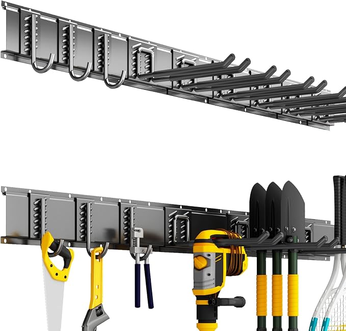Garden Tool Organizer Wall Mount, 48inch Heavy Duty Garden Tool organizer Storage System, Easy Install With 9 Adjustable Hooks, For Garage, Basement, Shed, Workshop(Black) by CRXCRC