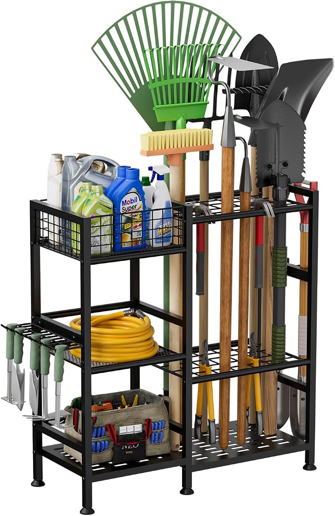 keomaisyto Garden Tool Organizer With Basket - 3 Tier Yard Storage Rack for Garage Organization, Heavy Duty Holder With 35 Long-Handled Slots for Shed, Yard, Garage - Image 8