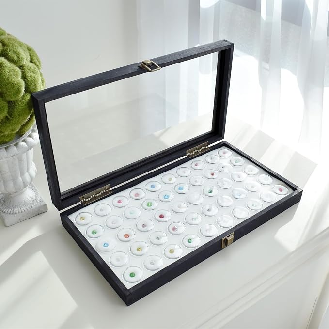 MOOCA Glass Top Black Jewelry Display Case 50 Gem Jars, Ring Box, Jewelry Organizer, Gem jar storage, Glass Display Box, Ring storage White Tray with Gem Jar - Image 7