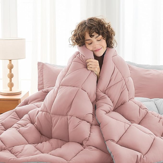 MUXHOMO 7 Pieces King Comforter Set, Reversible Bed in a Bag King Size, All Season Bedding Set with Comforter, Flat Sheet, Fitted Sheet, Pillowcases & Shams, Pink & Light Grey