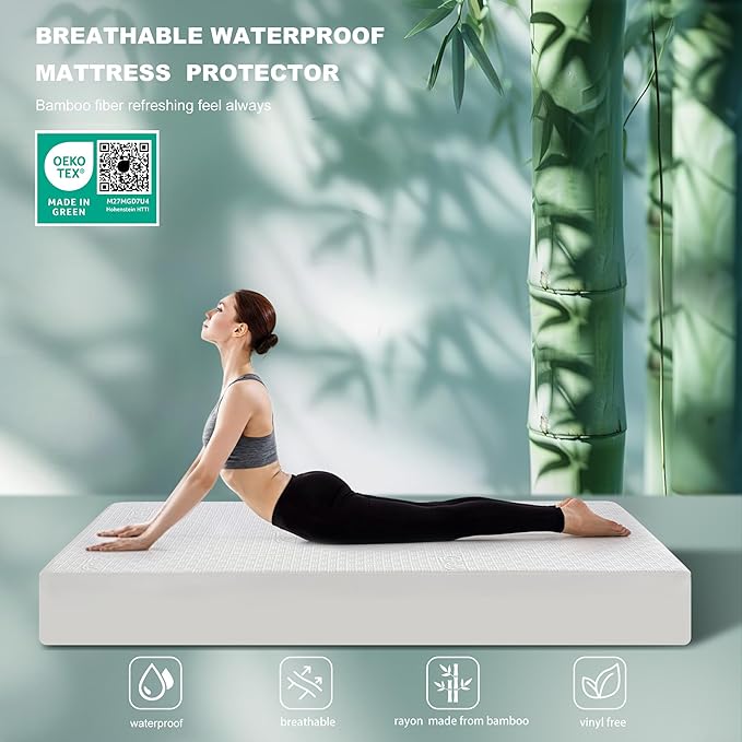 GRT California King Waterproof Mattress Protector, Rayon Made from Bamboo Mattress Cover, Breathable Cooling Soft Mattress Protector, Machine Washable Mattress Pad with 8''- 26'' Deep Pocket
