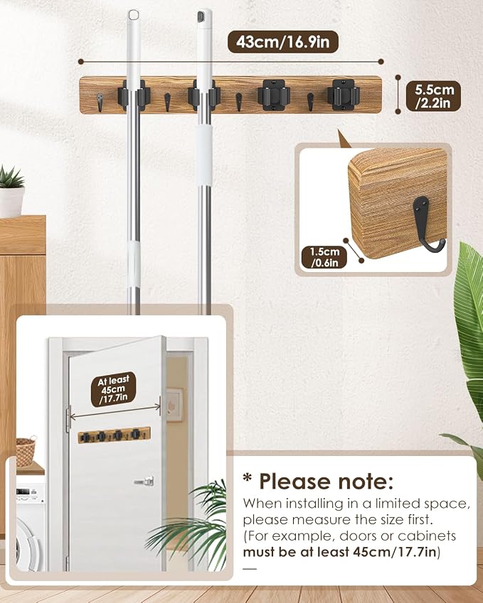 AceMining Broom Holder Wall Mounted, 2 Pack 4 Holders and 4 Hooks Mop Holder, Wooden Mop and Broom Holder with Anti slip rubber, Natural pine wood Brush Holder, Mop Wall Holde with Nail installation - Image 4