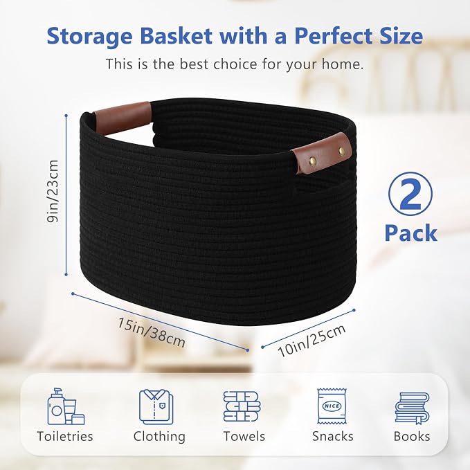 ECDYQXVU Cotton Rope Basket, Storage Baskets with Handle, 15x10x9 Inch Woven Basket for Shelves, Laundry, Towels, Clothes, Books (Black 2Pack) - Image 2