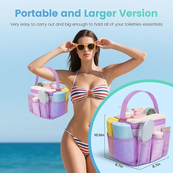 Mesh Shower Caddy for College Dorm Room Essentials for Girls with 9 Pockets,Large-Capacity Shower Basket,Quick Dry Toiletry Tote Bag,Outdoor Gym,Travel,Swim,Beach Camping Essentials-Black and Purple - Image 5