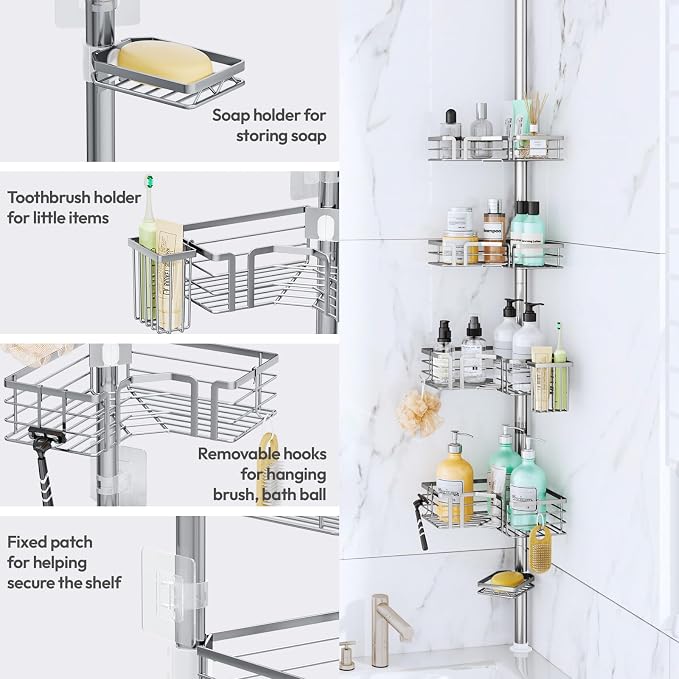 SWTYMIKI Shower Caddy Tension Pole - 4-Tier Corner Shower Organizer Tension Rod with Soap Holder, Toothbrush Holder & 4 Hooks, Adjustable Stainless Steel Bathroom Organizer 27.6 to 108.3 inch, Silver - Image 4