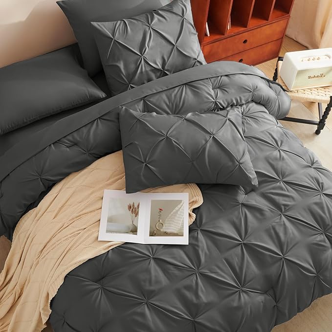 CozyLux Twin XL Comforter Set Dark Grey, 5 Pieces Twin Extra Long Pintuck Bed in A Bag for College Dorm, Pinch Pleat Bedding Set with Comforter, Sheets, Pillowcase & Sham