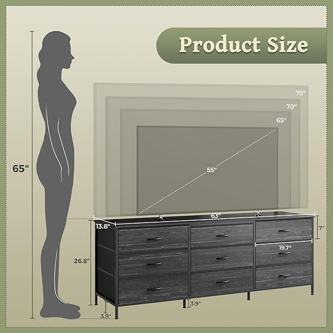 Huuger 63 Inch Dresser for Bedroom, Dresser for Closet with 9 Fabric Drawers, Large TV Stand for 55, 65, 70 Inch TV, Entertainment Center, Wide Long Chest of Drawers, Charcoal Black Wood Grain Print