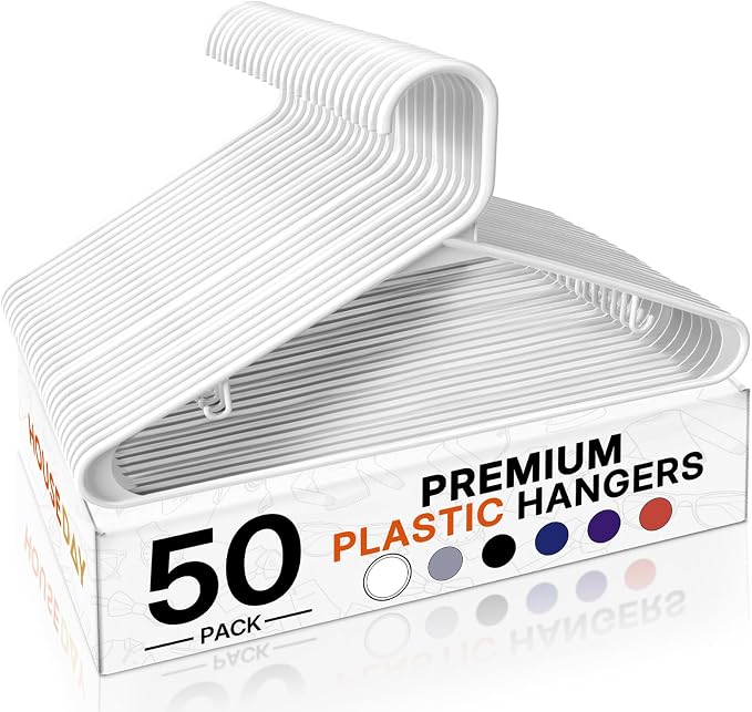 HOUSE DAY White Plastic Hangers 50 Pack, Plastic Clothes Hangers with Built-in Hooks, Durable and Strong Plastic Coat Hangers for Closet, Space Saving Clothing Hanger for Shirts, Coats, Skirt, Dress by HOUSEDAY