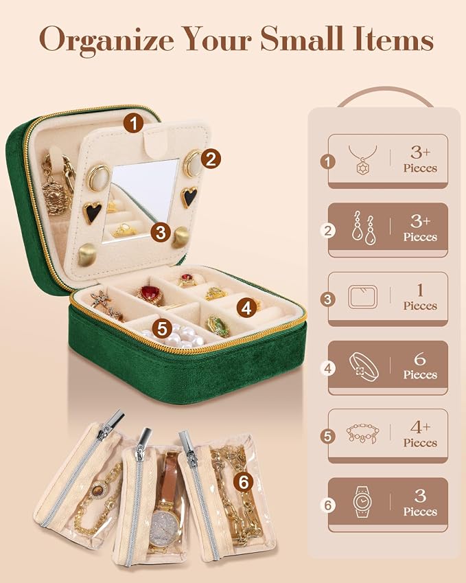 Bistup Travel Jewelry Case - Small Jewelry Organizers and Storage Box for Women Girls Teens Cute Traveling Jewelry Holder with Mirror Little Tiny Compact Modern Unique Aesthetic Pretty, Geen - Image 4