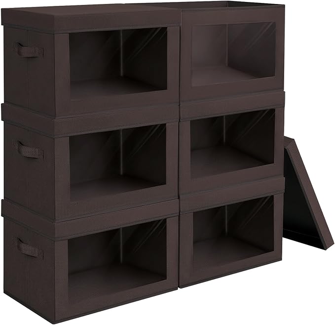 Homsorout Stackable Storage Bins with Lids - Large Storage Box with Lids, Foldable Closet Boxes for Organizing, Wardrobe Clothes Organizer with Window, Cubes Bins for Living Room, 6 Pack, Brown by Homsorout