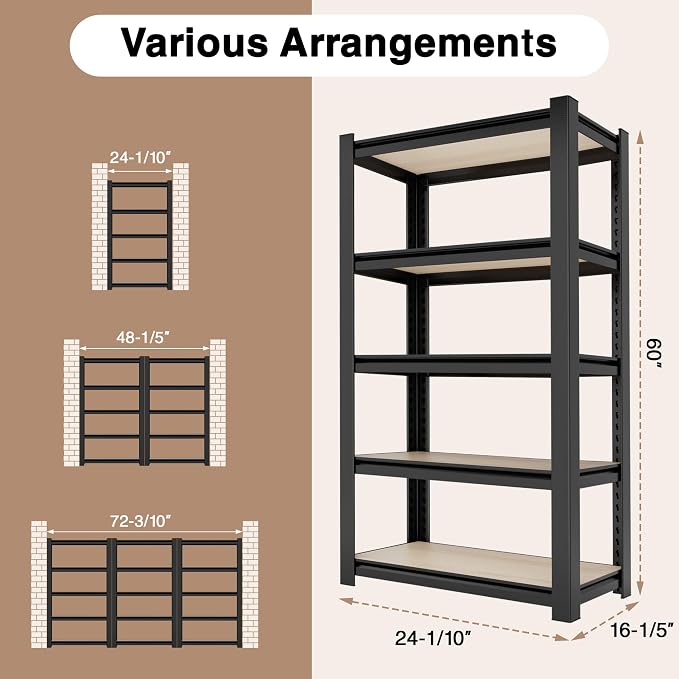 WORKPRO House 5-Tier Shelving Unit, 3000lbs Adjustable Storage Shelves, Boltless Book Shelf, Shelf Organizer for Kitchen, Living Room, Bathroom, Wood Grain Pattern, Waterproof Board, 24-1/10"W, Black - Image 2