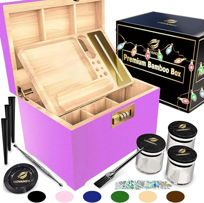 HOVANZO Premium Large Bamboo Storage Box with Removable Tray - Storage Wood Box for Herbs and Accessories - Storage Box Set with Combination Lock - Smell Proof Container with Accessories by hovanzo